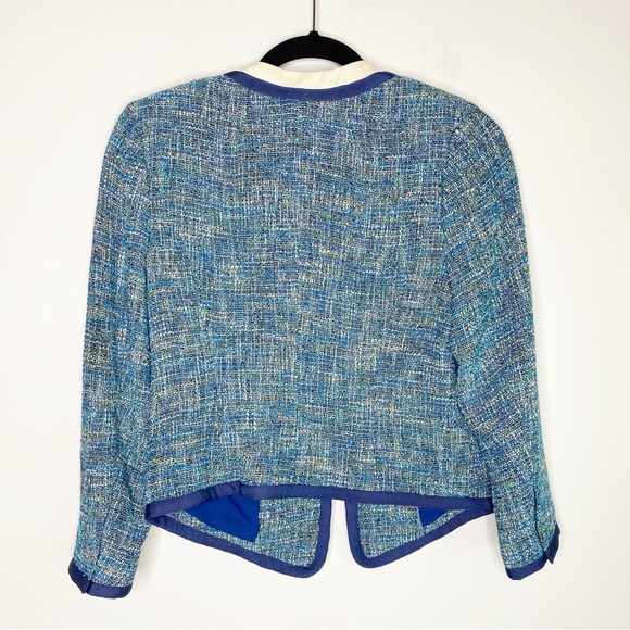 Tracy Reese Leather Trimmed Cropped Tweed Jacket in Bright Navy Size 4 NWT - Picture 2 of 12